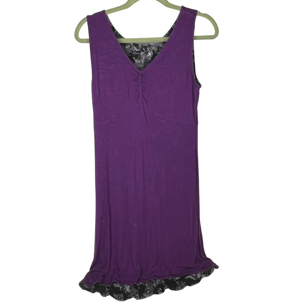 Gaiam Tank Dress Black Floral Reverses to Sollid Purple V-Neck Sz. M - Picture 2 of 6